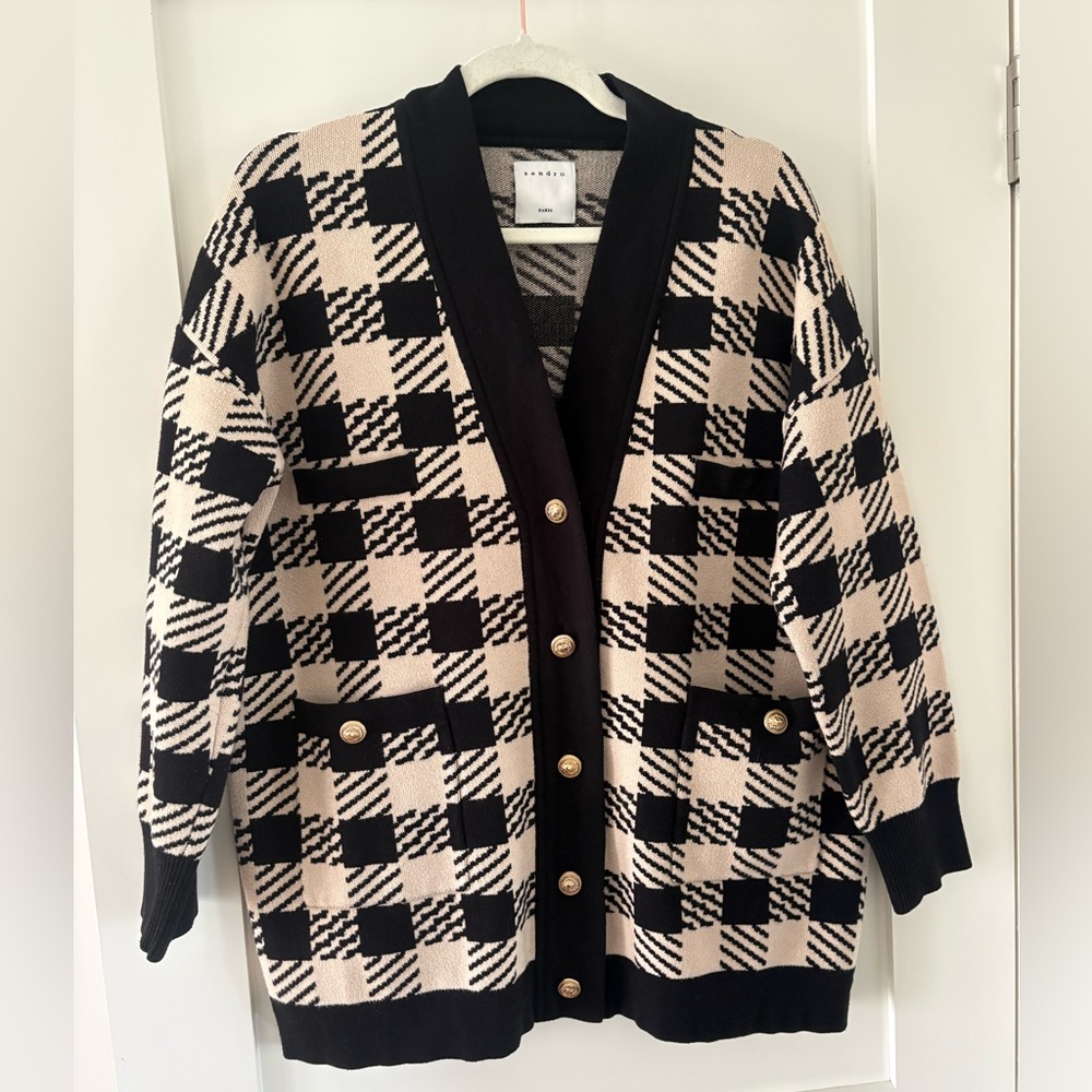 Checkered Knit Cardigan oversized Black Cream Gold Button V‑neck